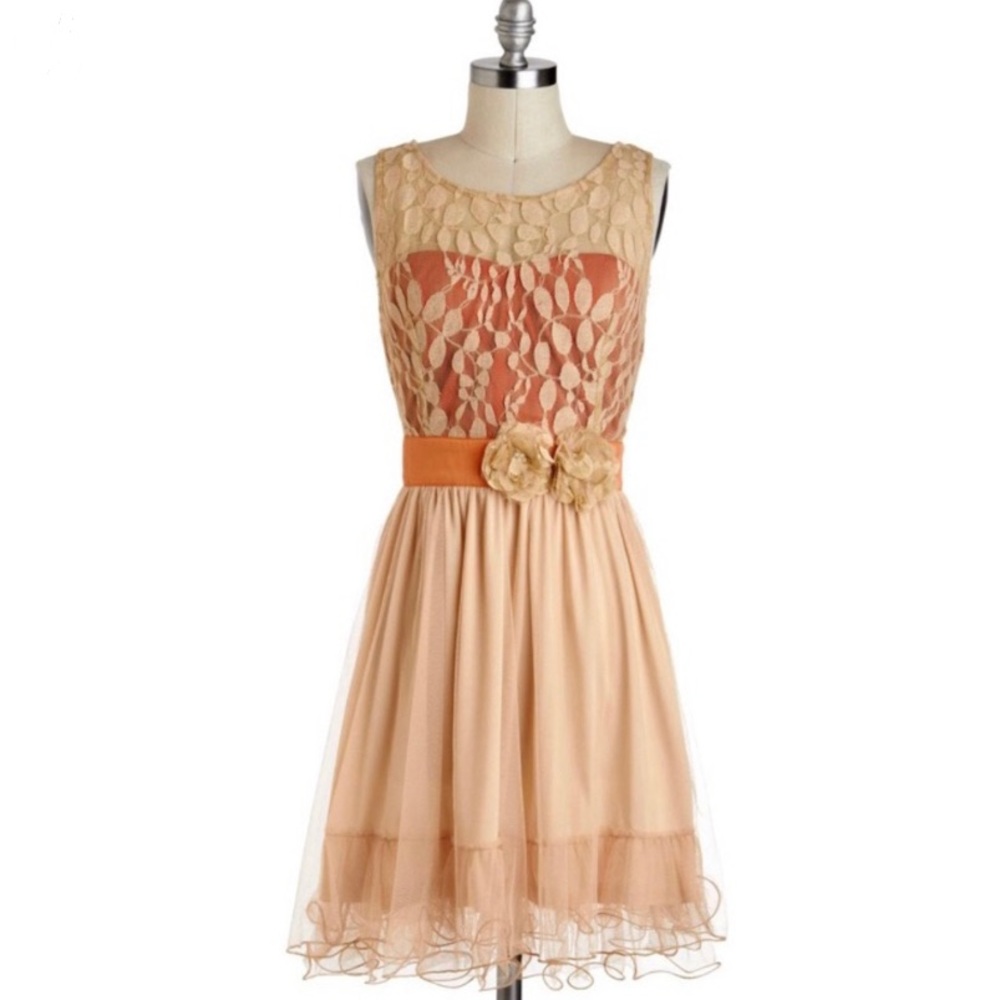 ModCloth Orange Leaf Lace Home Sweet Scone Dress S